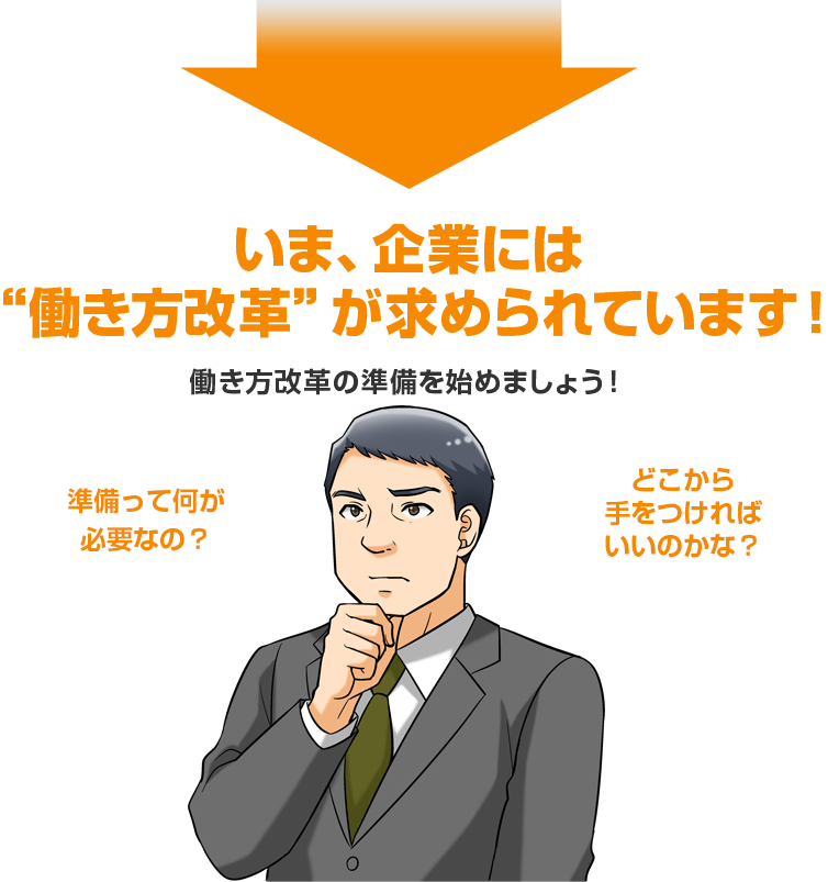 いま、企業には“働き方改革”が求められています！働き方改革の準備を始めましょう！準備って何が必要なの？どこから手をつければいいのかな？