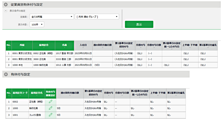 従業員別有休付与設定