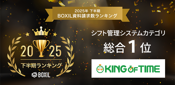 「KING OF TIME」が「2025年下半期 BOXIL資料請求数ランキング」シフト管理システムカテゴリ総合1位に選出